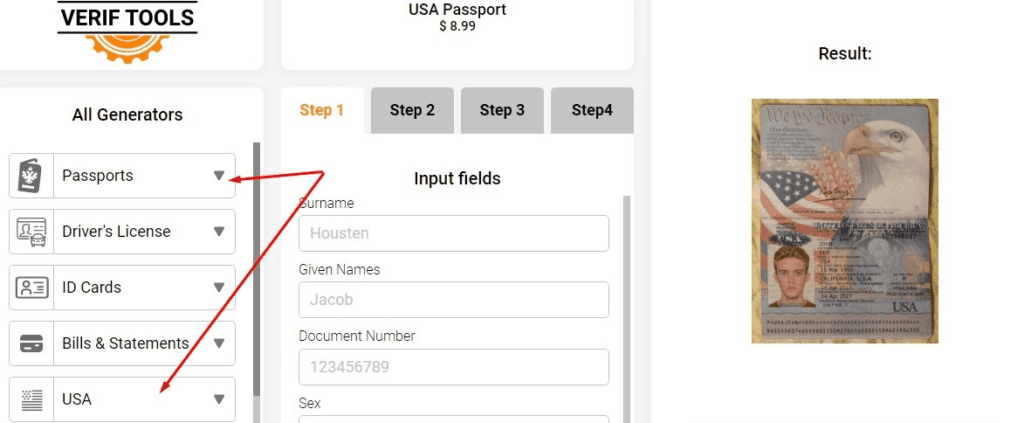 Information fields for fake passport