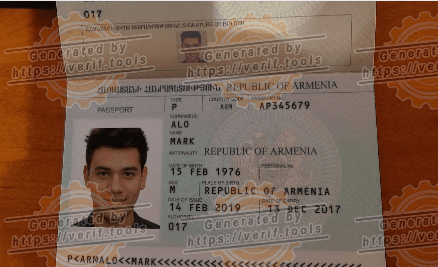 Fake passport example by Verif Tools