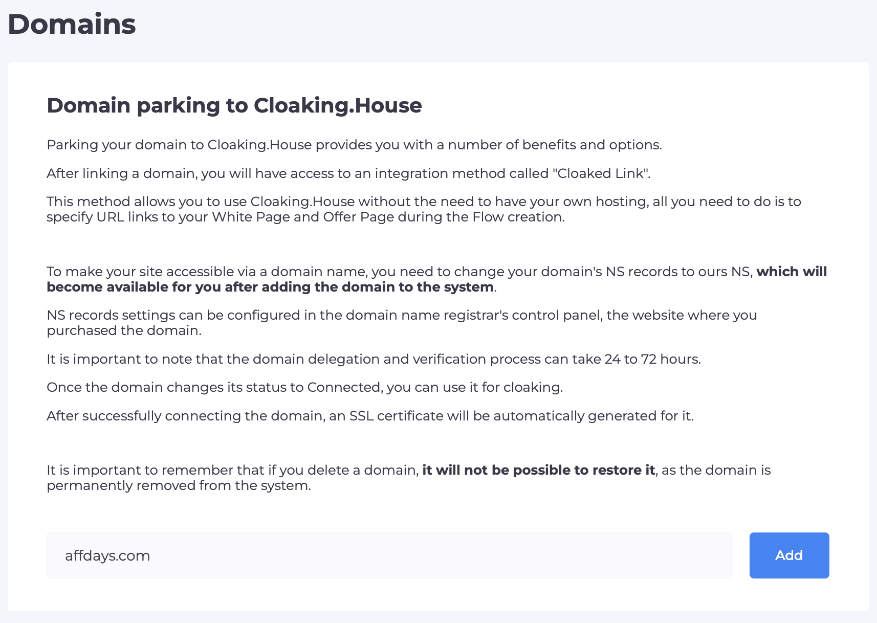 Cloaking.House Domains section
