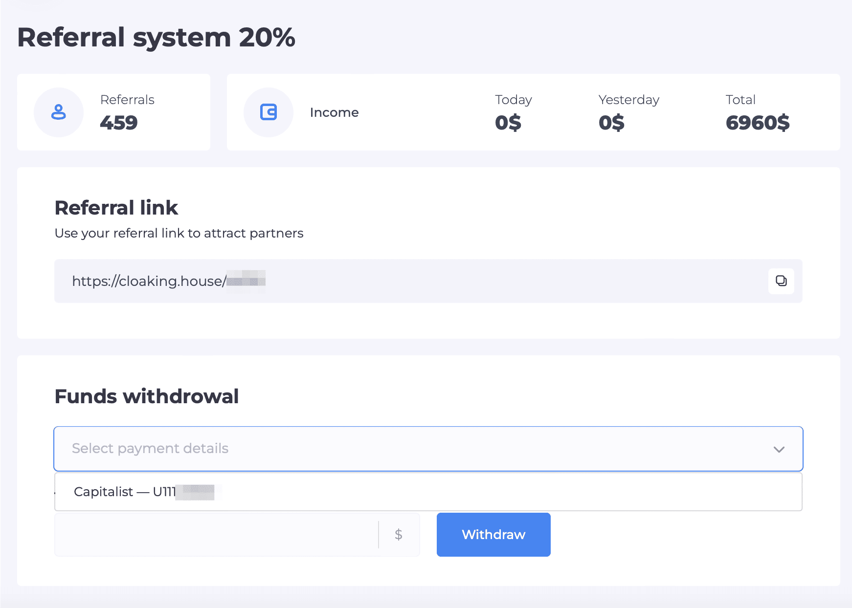 Cloaking.House Referral system