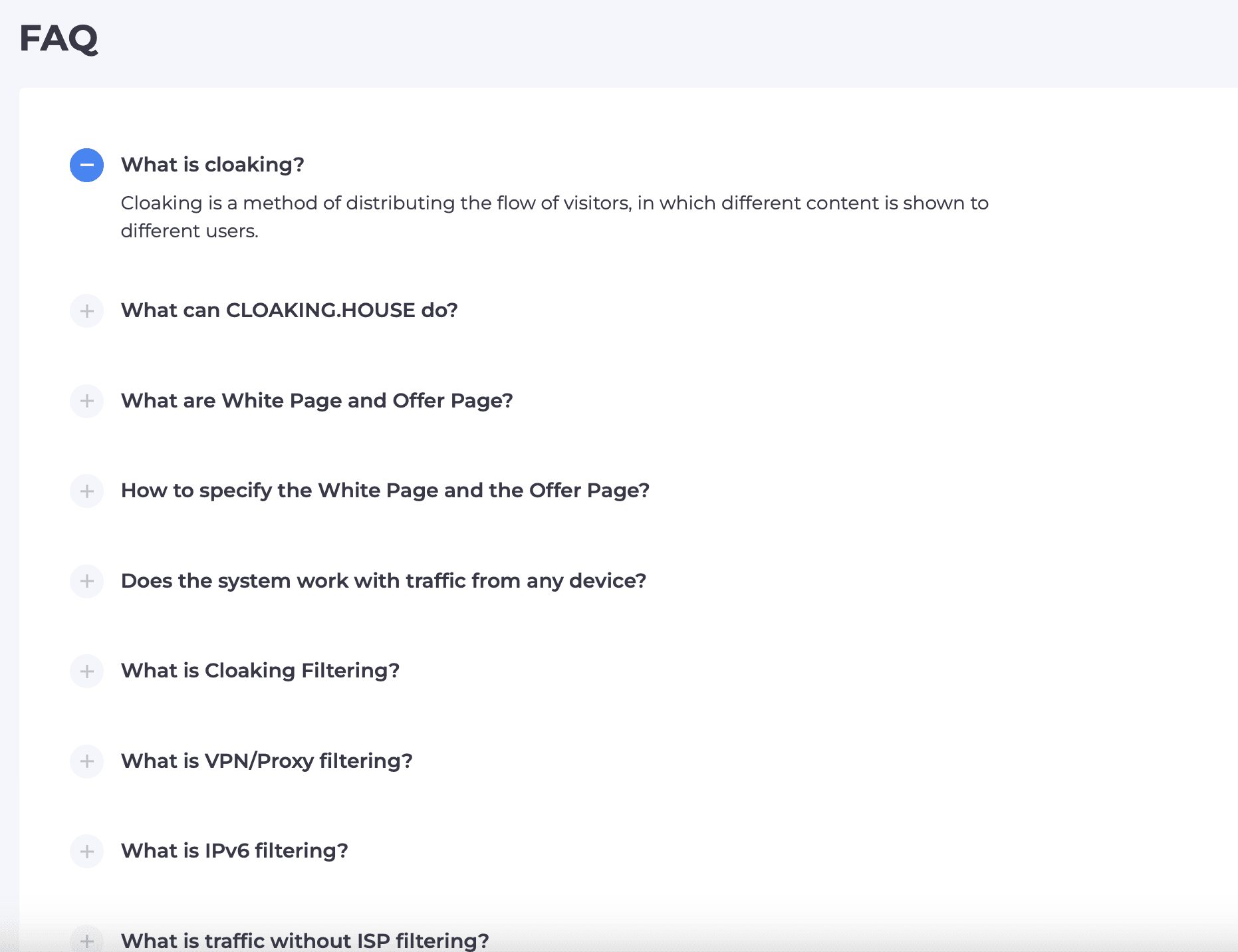 Cloaking.House FAQ section
