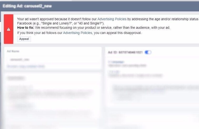 Facebook Ads ad disapproval notification