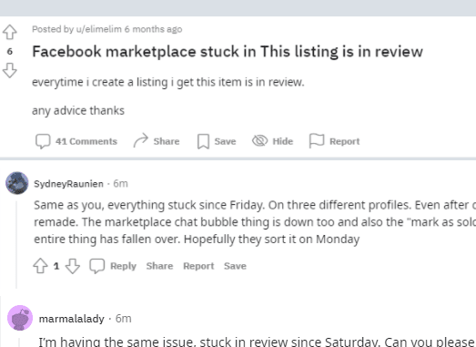a reddit querie about Facebook Marketplace: Listing in Review error