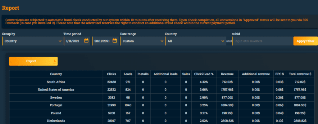 affiliate account report screenshot