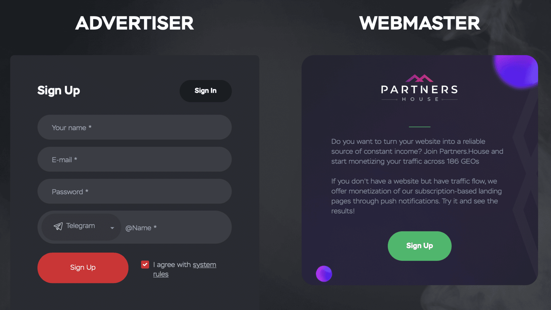 Push.house sign up for advertisers and webmasters page