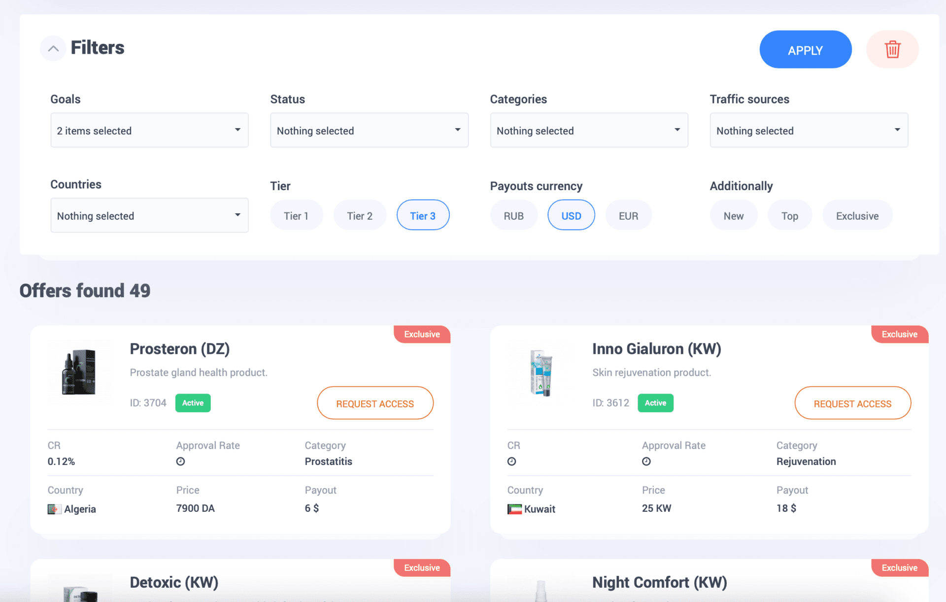 a page wher you can filter and choose offers