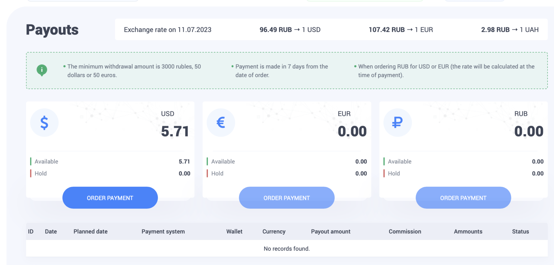 payouts page in the CPA.HOUSE affiliate network