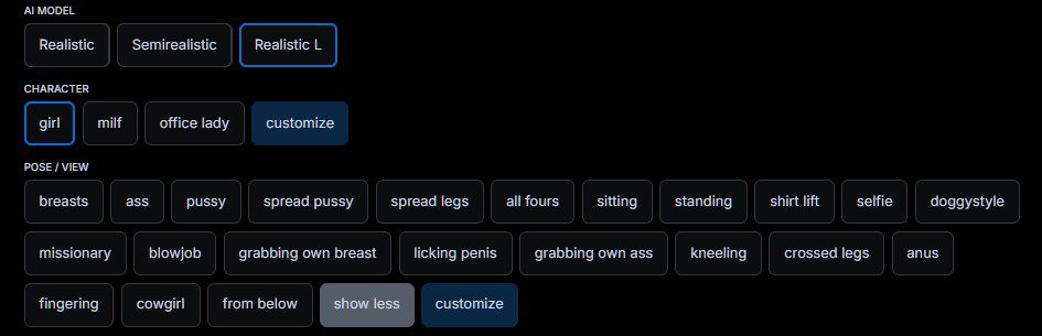 options of the Realistic L. mode dedicated to sex