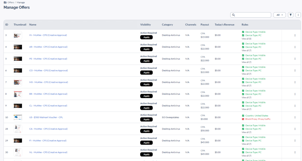 AffDays managing offers in the dashboard
