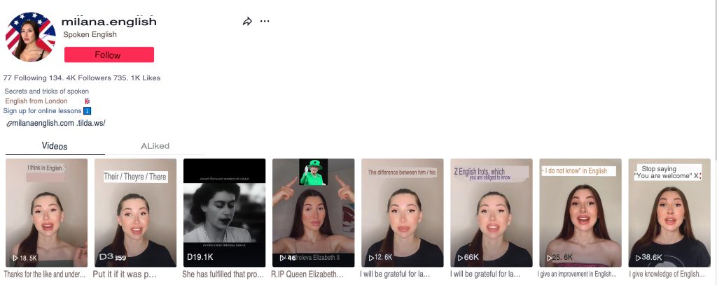 english teacher's tiktok page