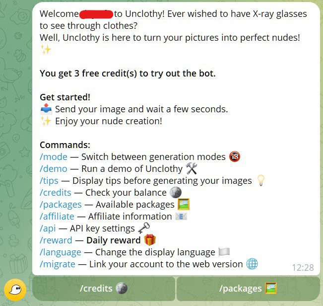 unclothy telegram bot initial message