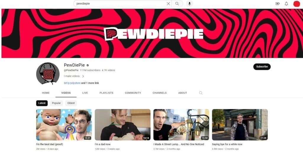YouTube Influencer PewDiePie's Channel Screenshot