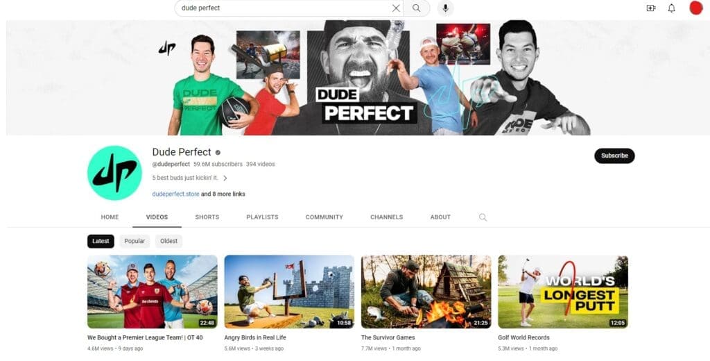 Dude Perfect's YouTube Channel Screenshot