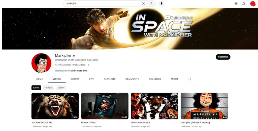 Markiplier YouTube Channel Screenshot