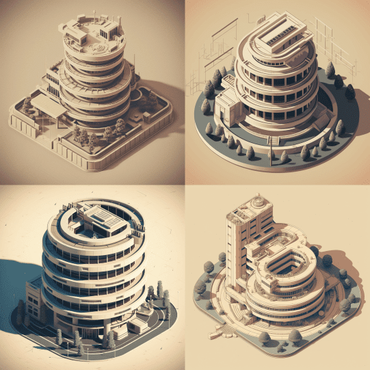 isometric spiral-shaped office buildings generated by midjourney