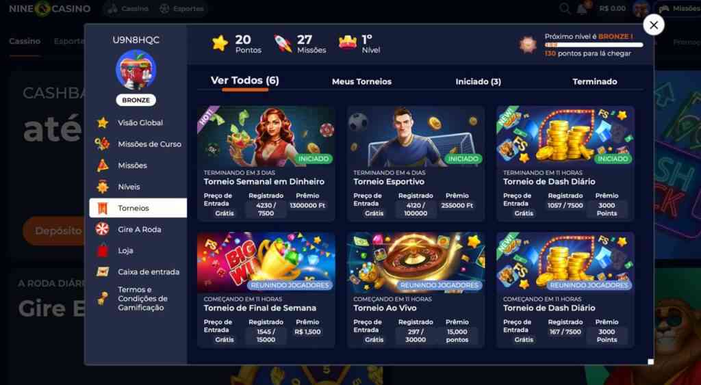 NineCasino Tournaments section