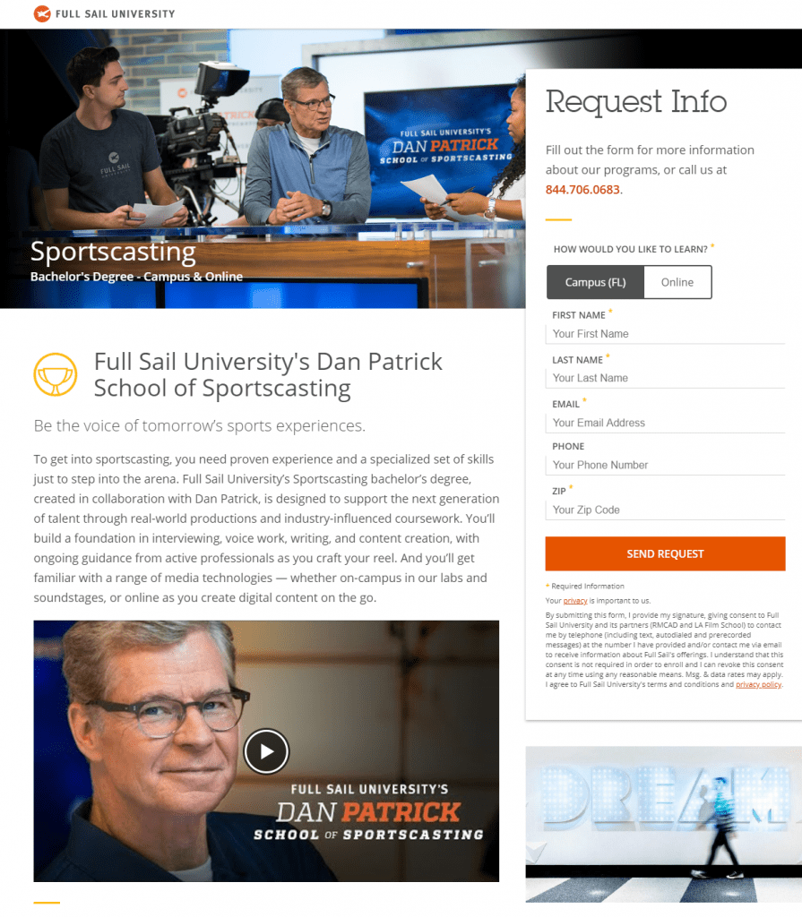 Full Sail University registration page