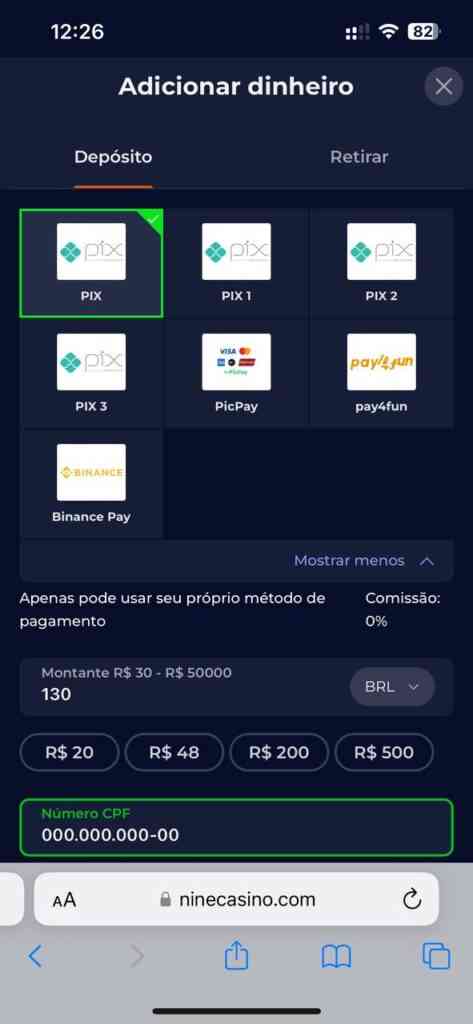 NineCasino top-up balance page