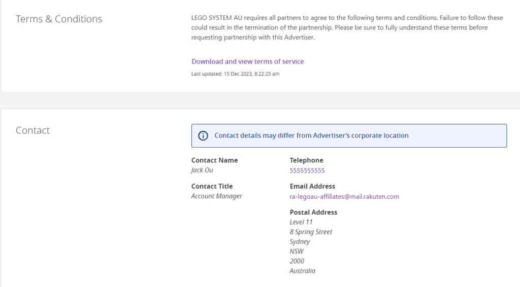 terms and conditions of a specific program (offer) in lego affiliate program