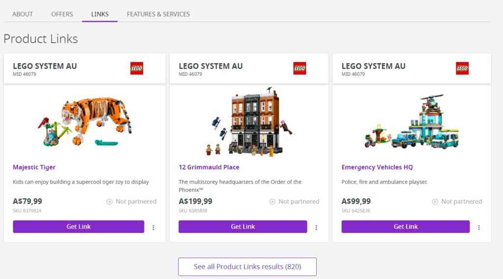 product info in lego affiliate program