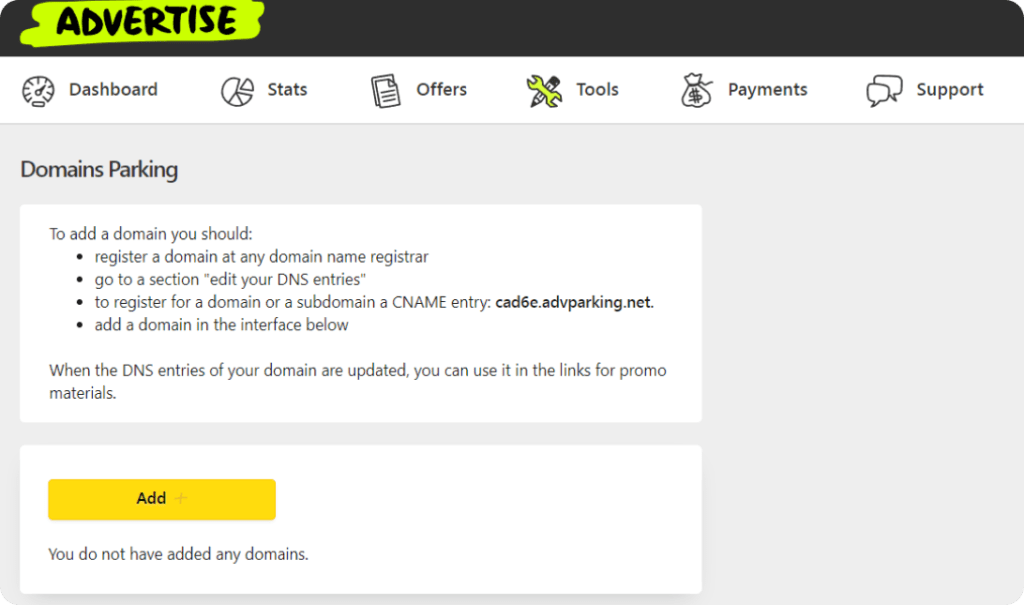 AffDays 'domain parking' tool on Advertise Affiliate Network website