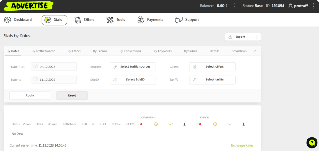 AffDays stats by dates section