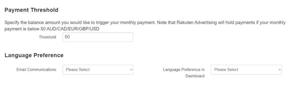 payment threshold and language preference boxes in sign up page in lego affiliate program