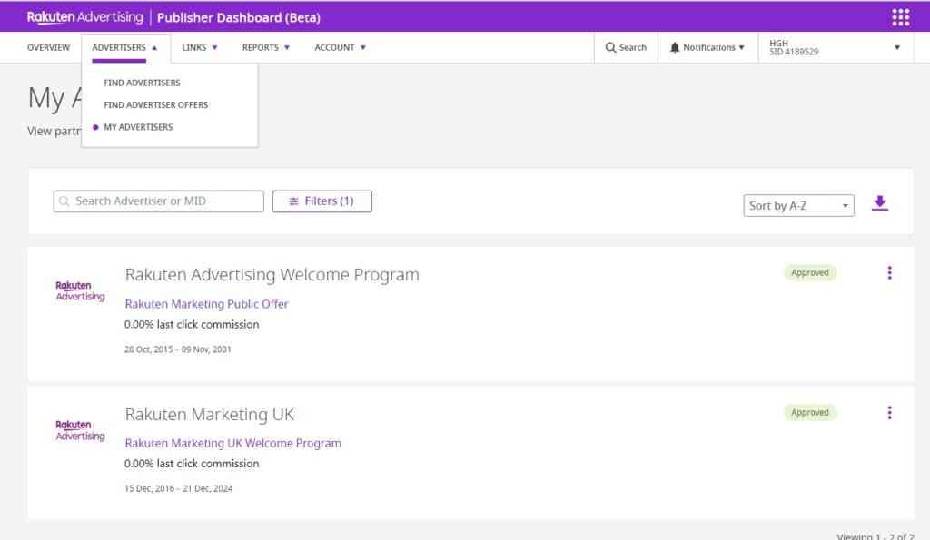 rakuten advertising screenshot regarding approval details 