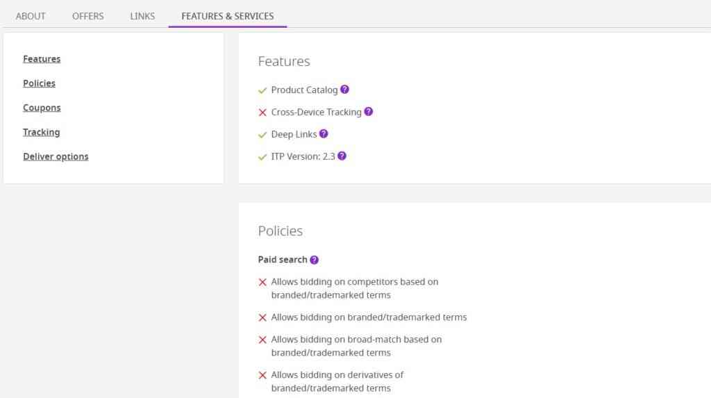 features & services tab in lego affiliate program's features 