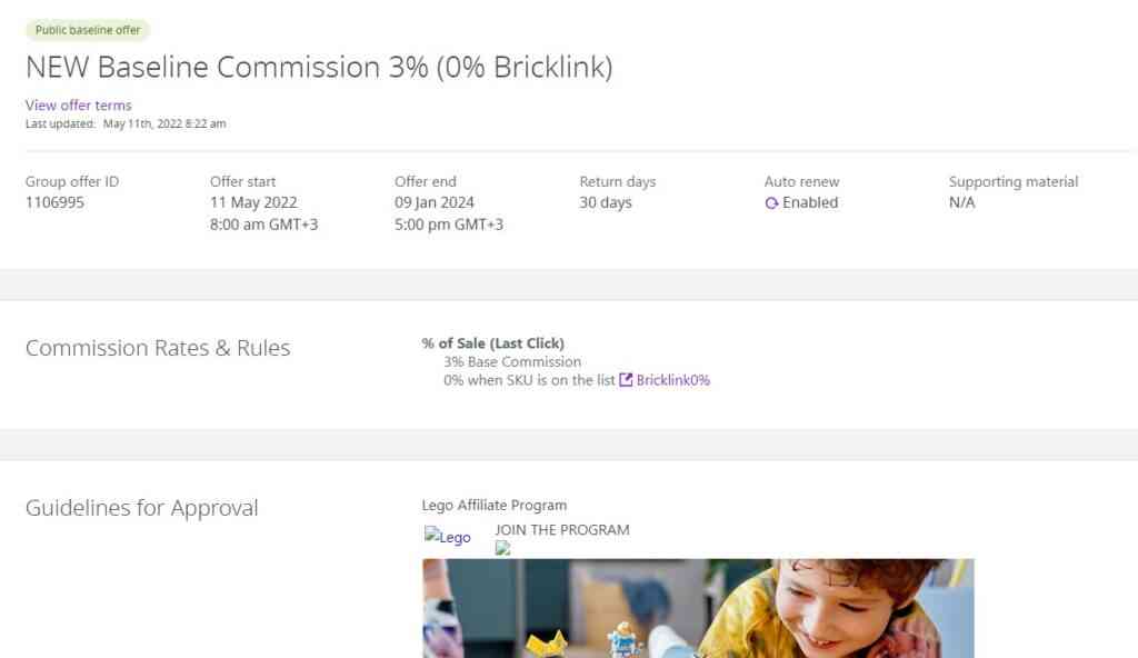 details of an offer in lego affiliate program