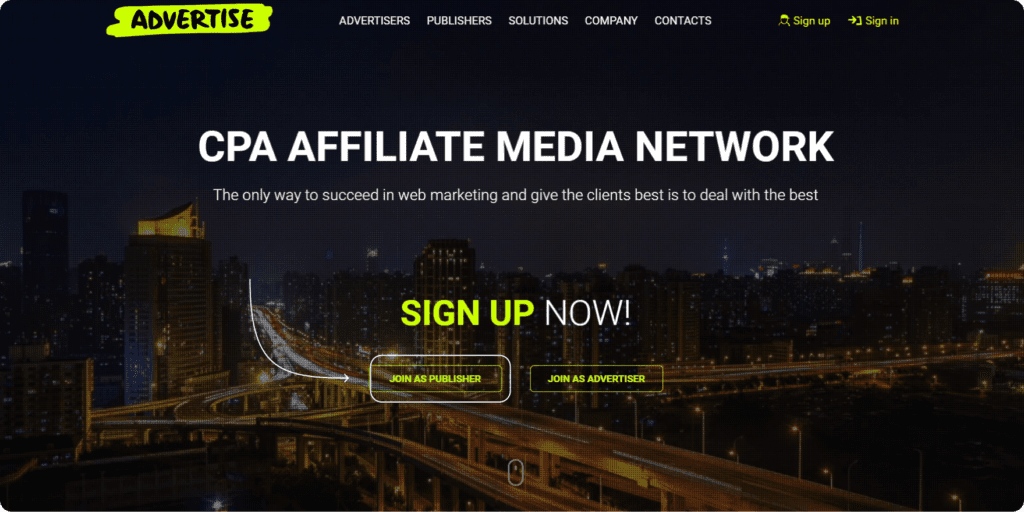 homepage of the Advertise Multi Vertical affiliate Network