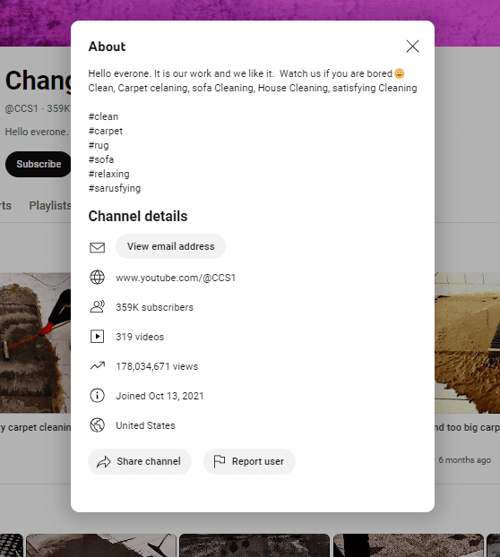 "About" secrion of "Change Cleaning Services" YouTube channel