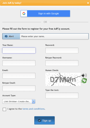 screenshot of adf.ly sign up page