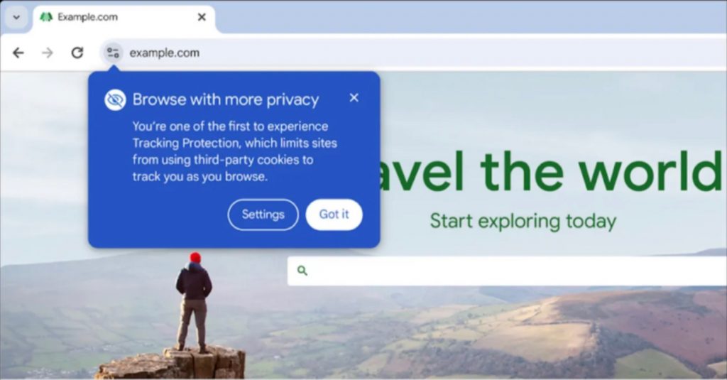 a screenshot from Google Chrome describing the new feature of Tracking Protection