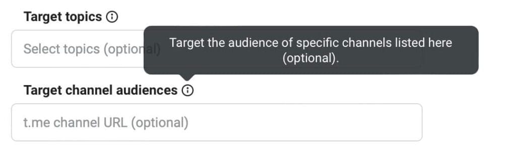 targeting boxes in Telegram Ads (topics, channel audiences)