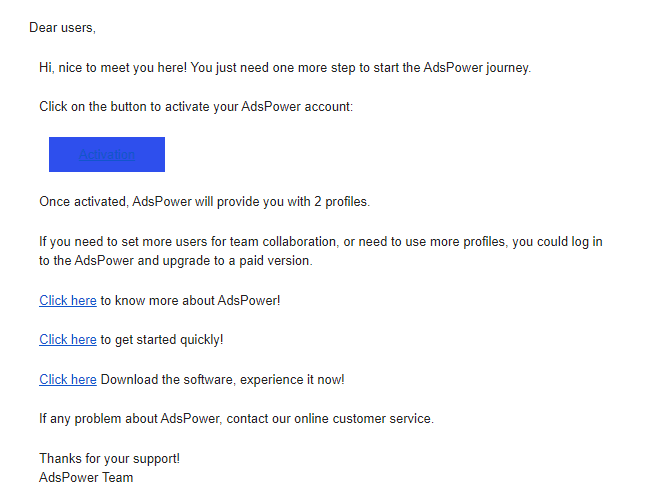 AdsPower confirmation letter