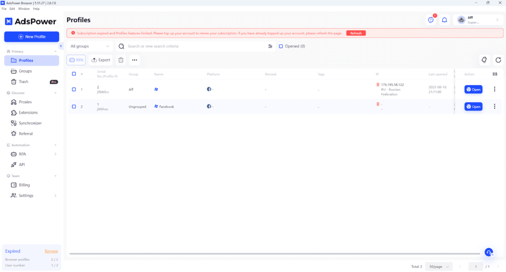 AffDays AdsPower interface: profiles
