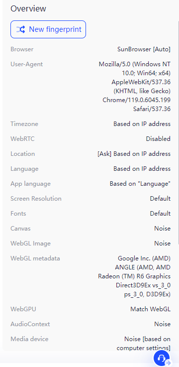 AdsPower fingerprints info