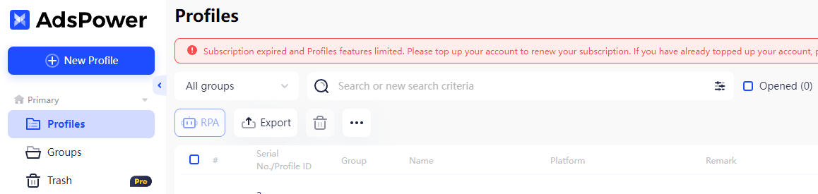 AdsPower profiles section