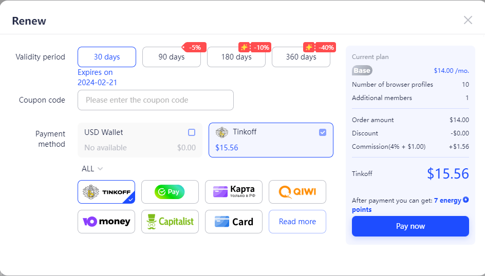 AdsPower plan renewing page
