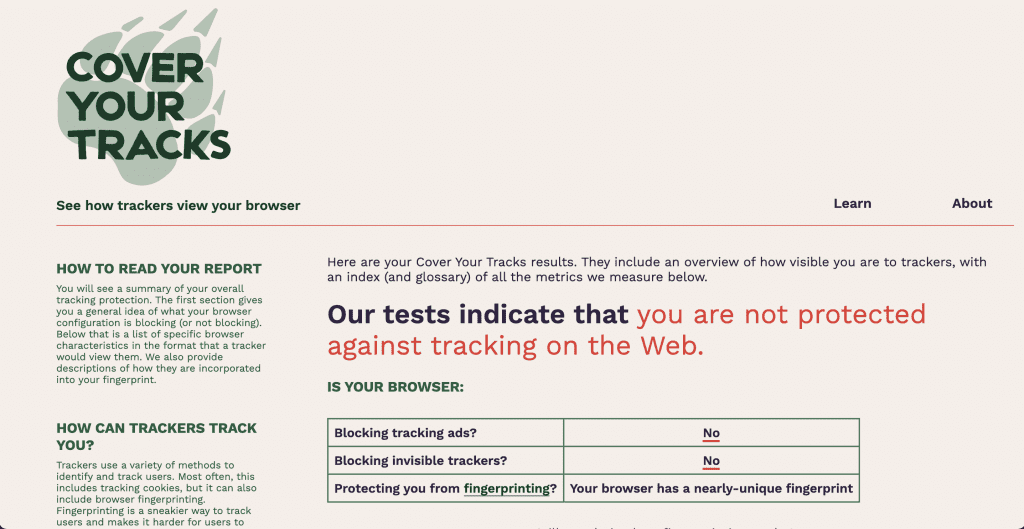 cover your tracks homepage screenshot