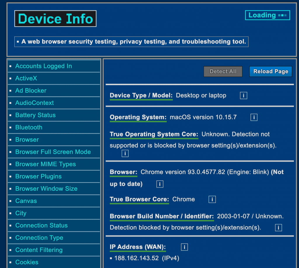 deviceinfo homepage screenshot