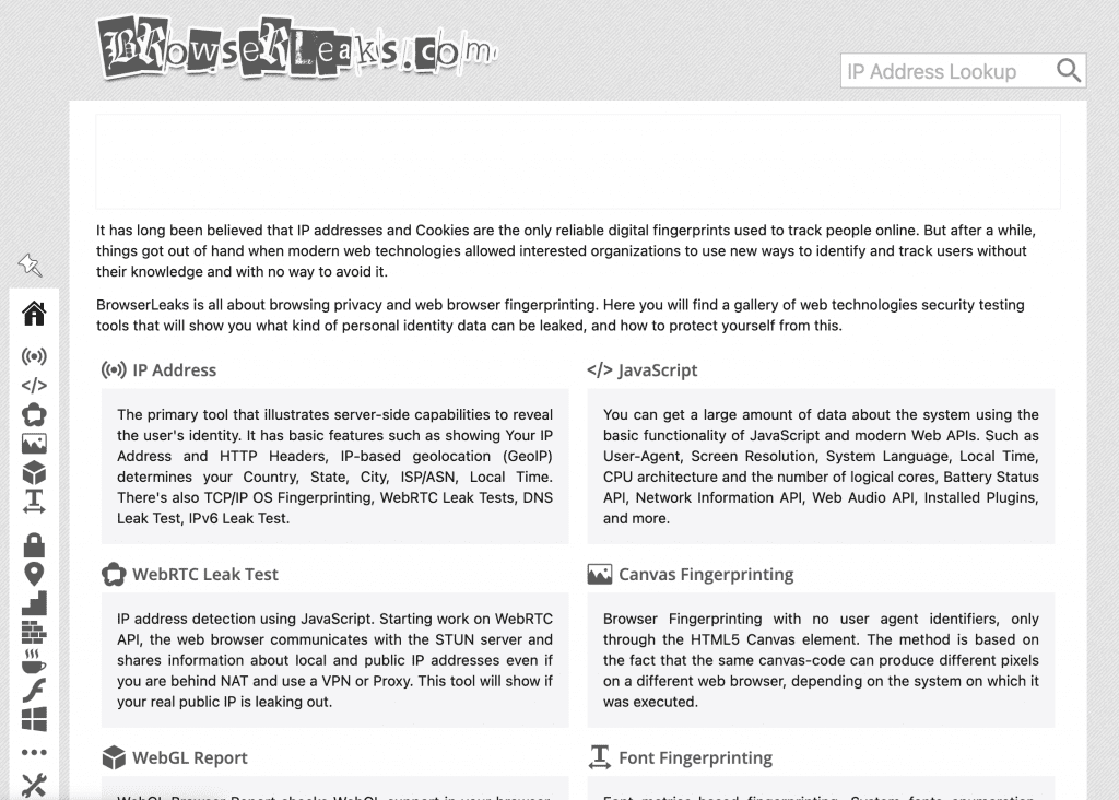 browserleaks homepage screenshot