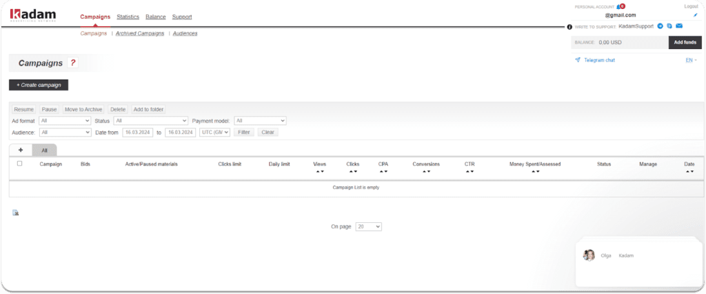 campaigns tab in Kadam