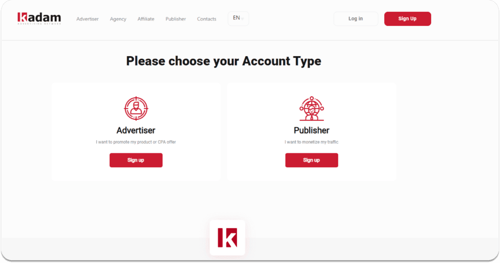kadam sign up page where you choose whether you are an advertiser or publisher