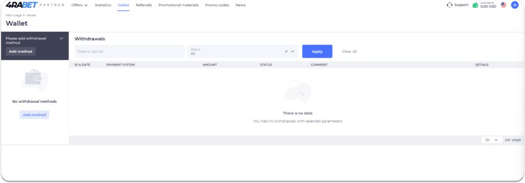 4rabet partner wallet section