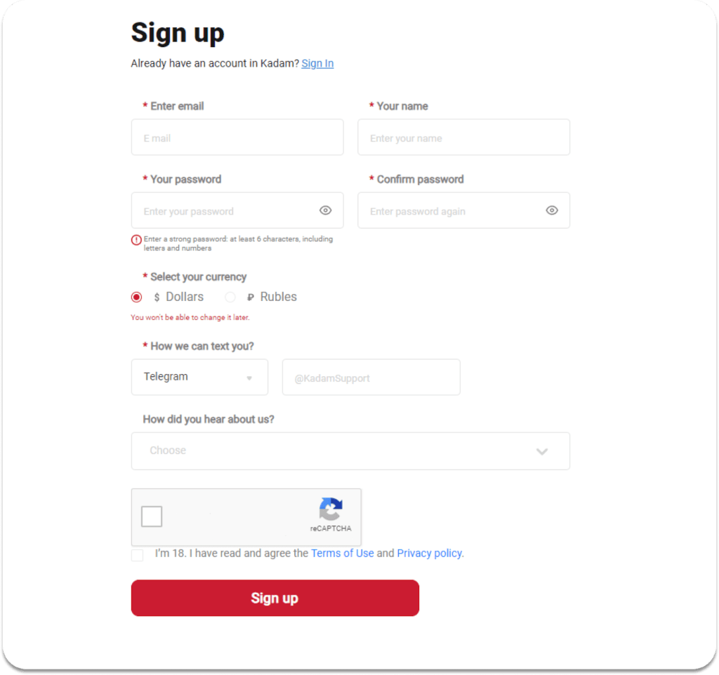 sign up page