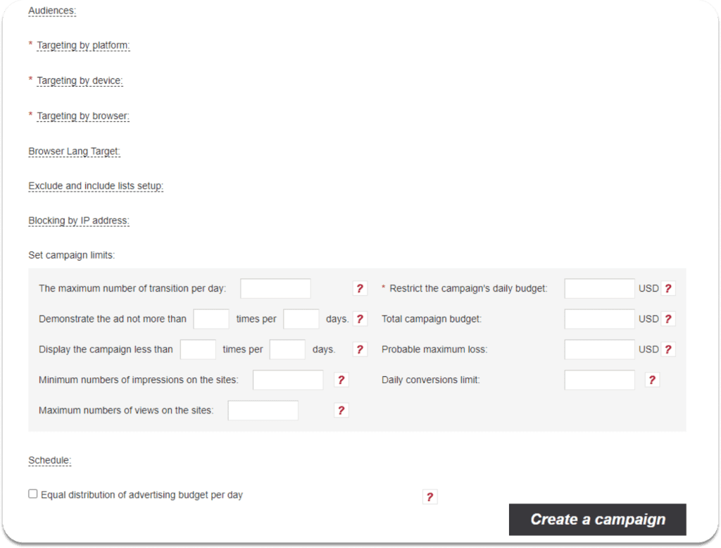 different settings in campaign creation