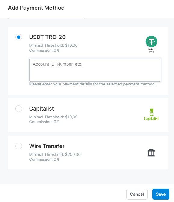 payment methods in magic click affiliate network