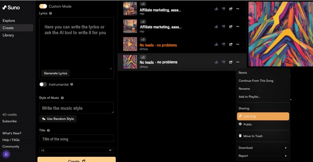 Custom mode in the 'create' section